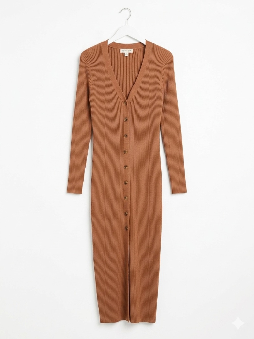 Neutral Old Money Harper Rose Ribbed Knit Button Accent Maxi Dress Size L - Picture 3 of 6